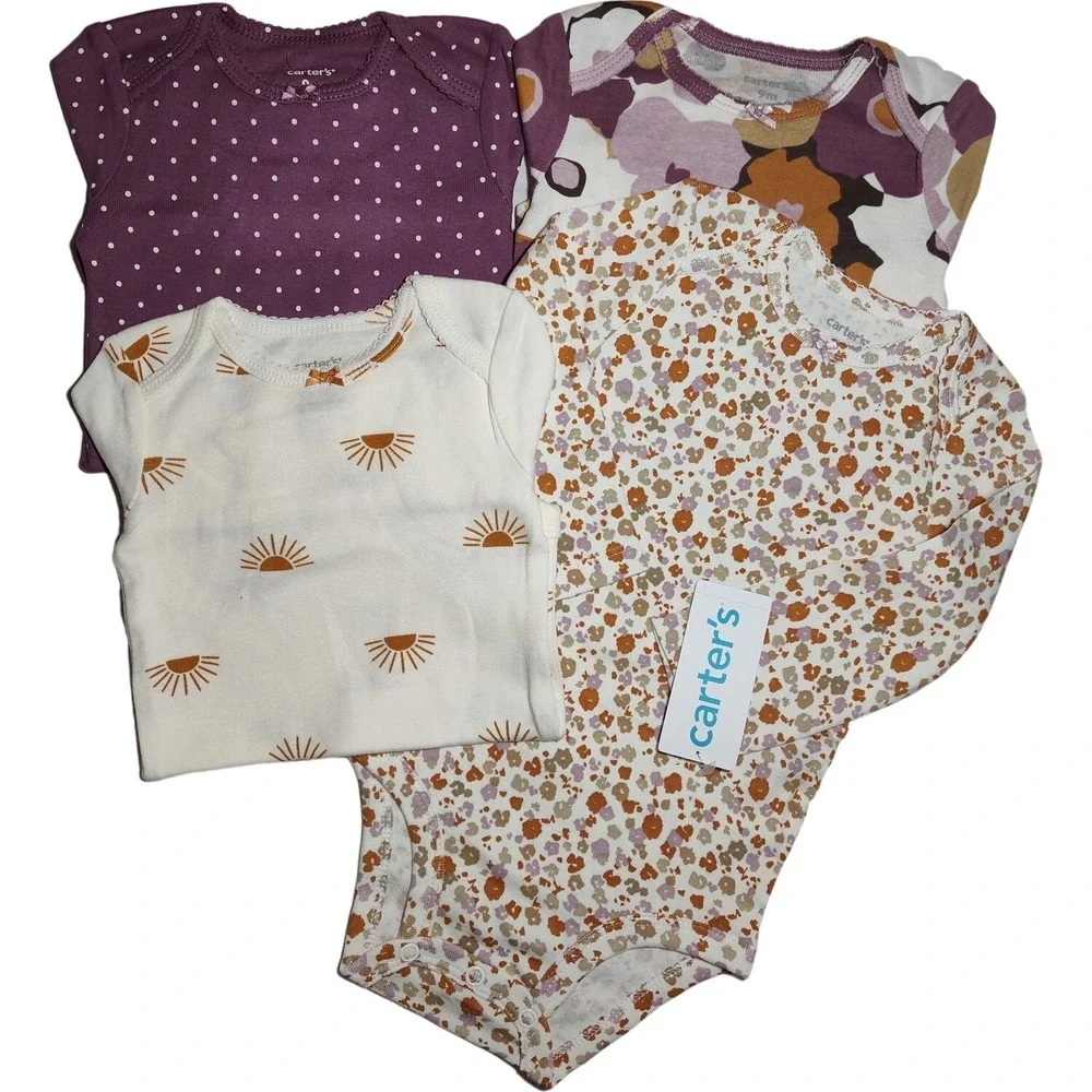 Carter's Baby Girl 6 Mos Long Sleeve Bodysuit Set 4pc Floral Sun‎ Polka Dot NWT